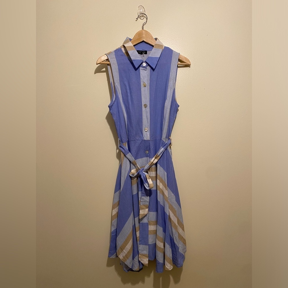 1. State Blue and Tan Striped Midi Linen Blend Dress. Size M